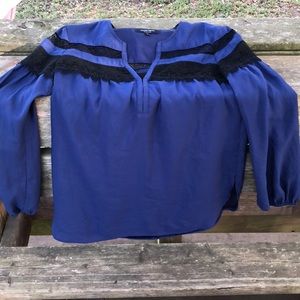 Blue blouse with black lace detail
